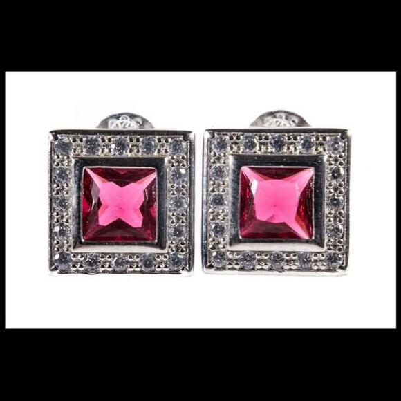925 Sterling Silver Quality Simulated Rubies And CZ Stud Earrings - Picture 1 of 6
